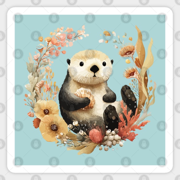 Sea Otter in a Kelp Wreath - Marine Biology Folk Art Sticker by TuncGK